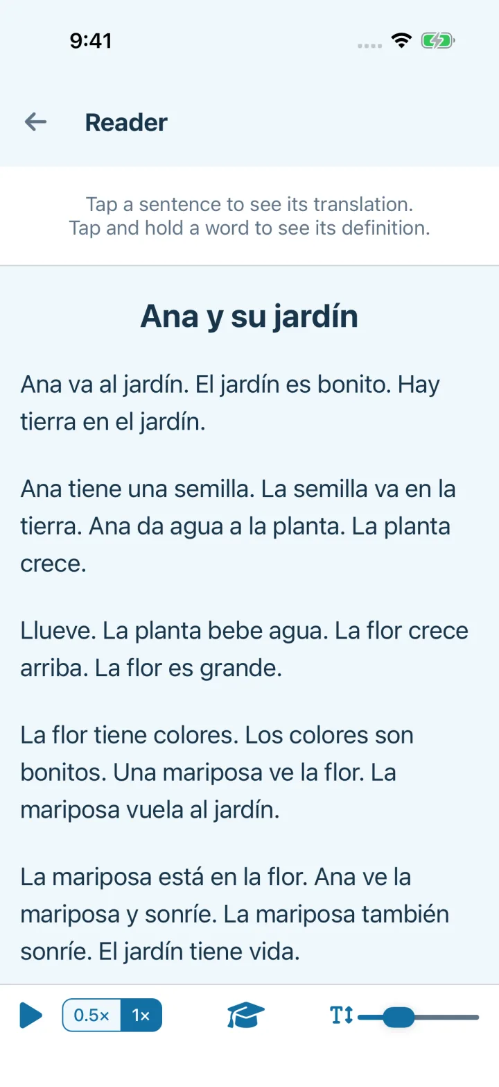 The 7fish reader showing a Spanish story called Ana y su jardín
